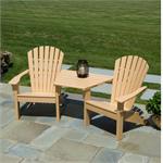 Two adirondack chairs shown with a special table that hooks them together called a tete-a-tete table by Seaside Casual Furniture Coventry RI . Sold by GottaHaveItInc.Com in Massachusetts.